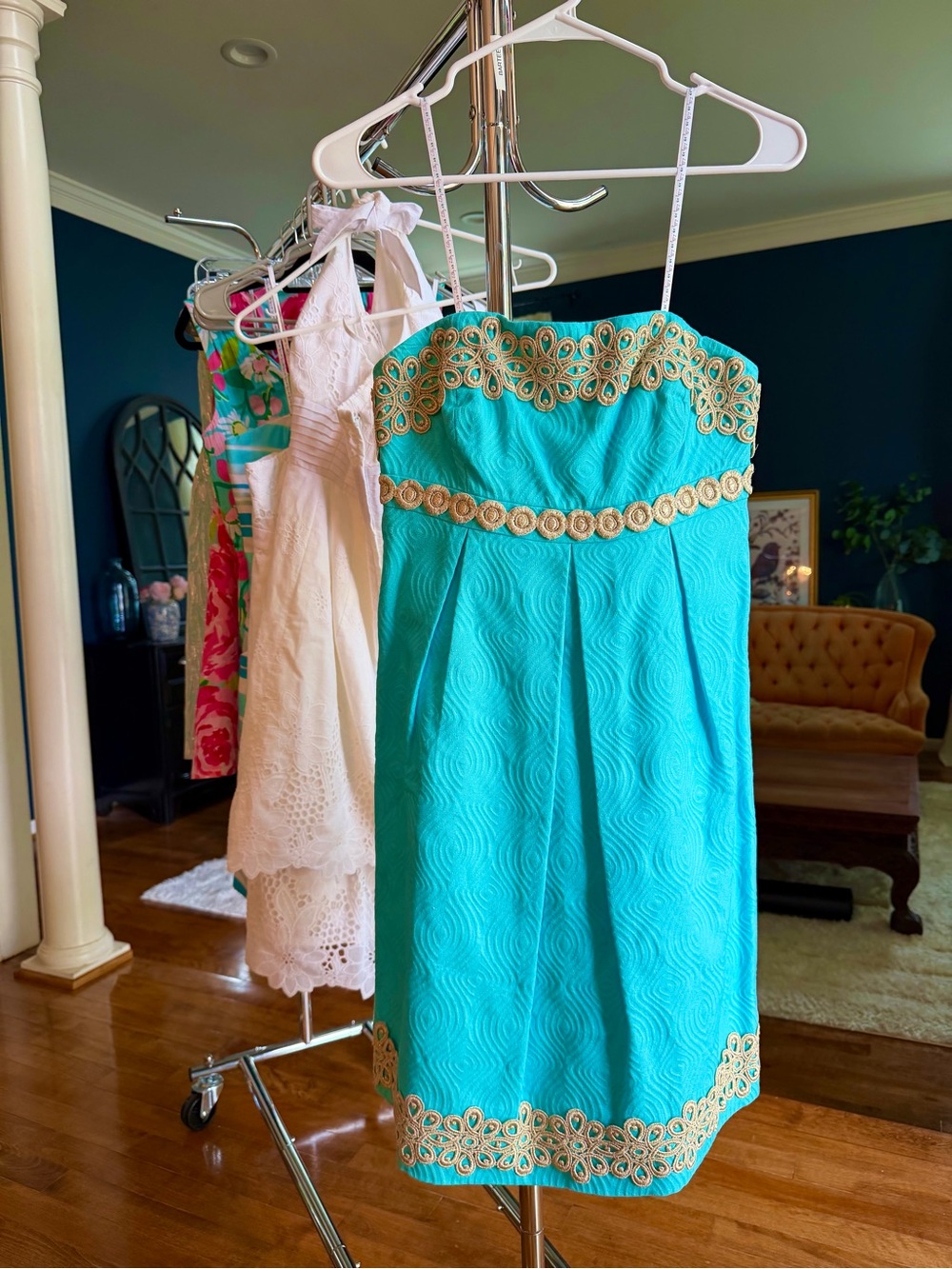 Lilly Pulitzer Turquoise Strapless Dress with Gold Trim